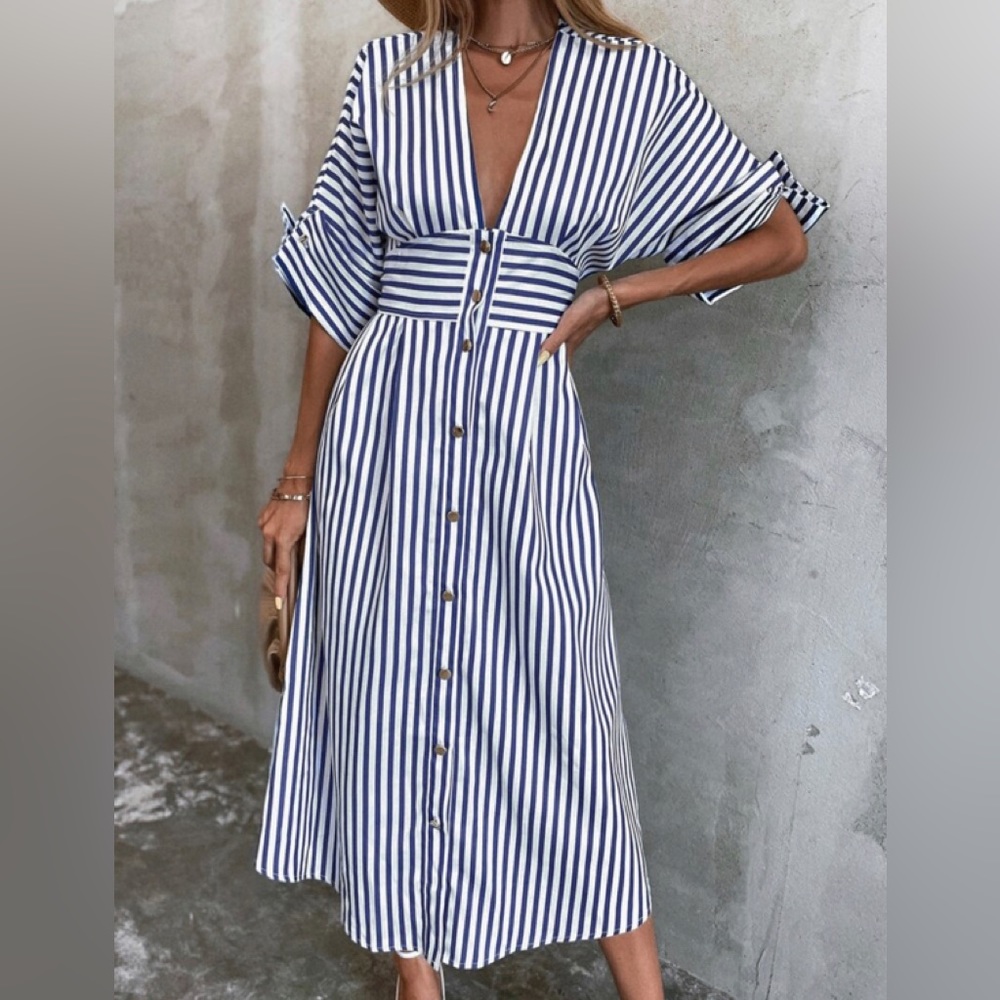 Zara Plunging Neck Button Through Striped Dress